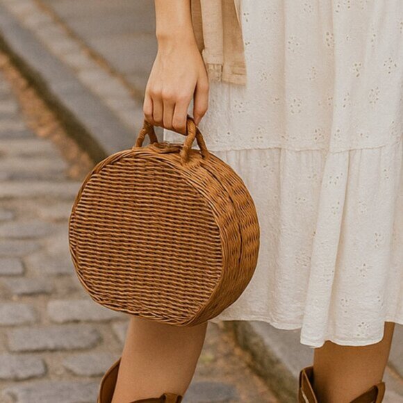 Unbranded Handbags - Woven Wicker Picnic Basket Carrying Case Handbag